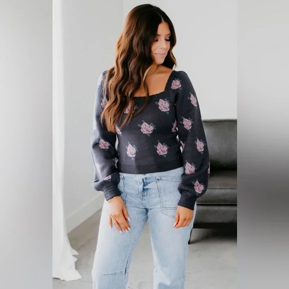 Hem & Thread Square Neck Floral Sweater Long Sleeve Charcoal Womens Size M - Picture 1 of 11